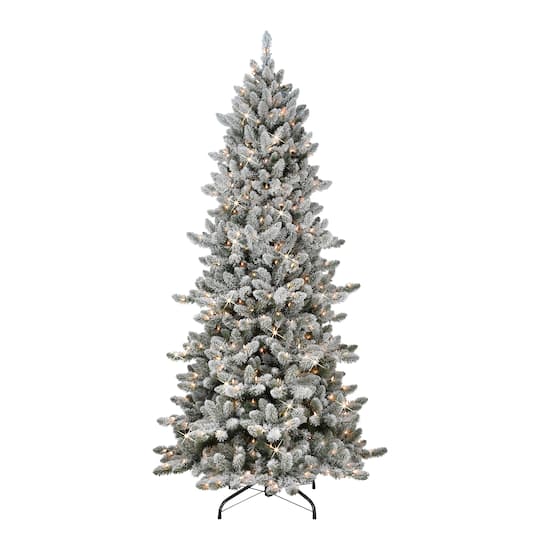 7.5Ft Pre-Lit Slim Flocked Royal Majestic Spruce Artificial Christmas Tree, Clear Lights By Puleo International in Green | 7.5 ft | Michaels®